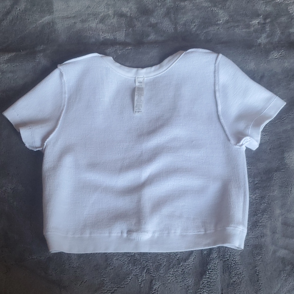 NWOT ALO YOGA SEAMLESS RIBBED CROPPED SHORT SLEEVE SERENE TOP ;SZ : LARGE - Picture 8 of 10